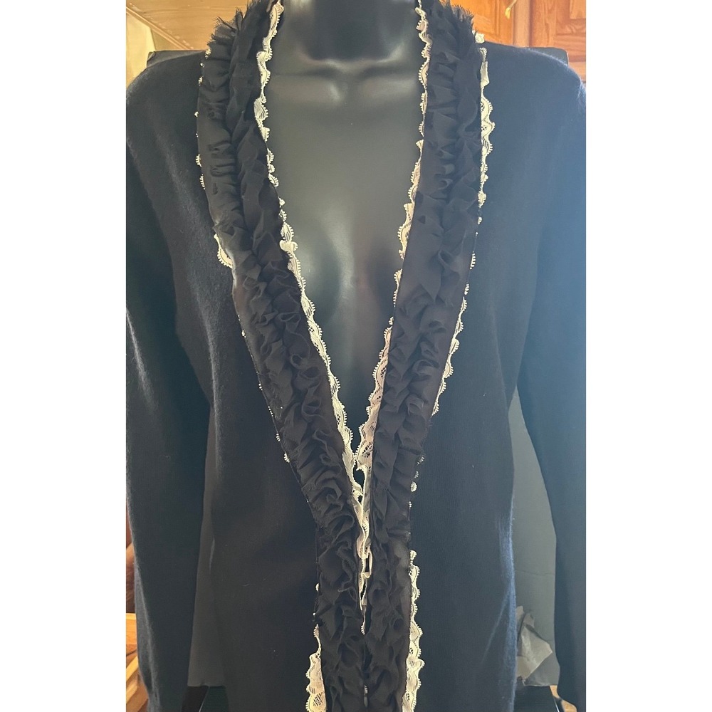 Peck&Peck blk ruffled lace trim cashmere/wool cardigan sweater women's sz Medium